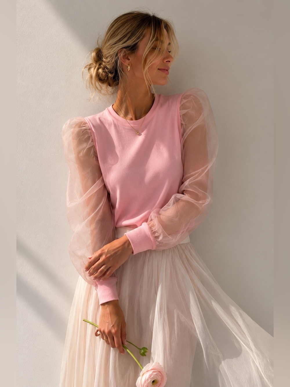 La Cite Pink Organza Puff Sleeve Knit Top XS Barbiecore Balletcore Coquette